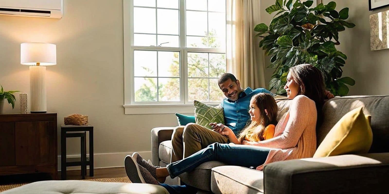 A family relaxing comfortably in a bright, climate-controlled Greater Austin living room
