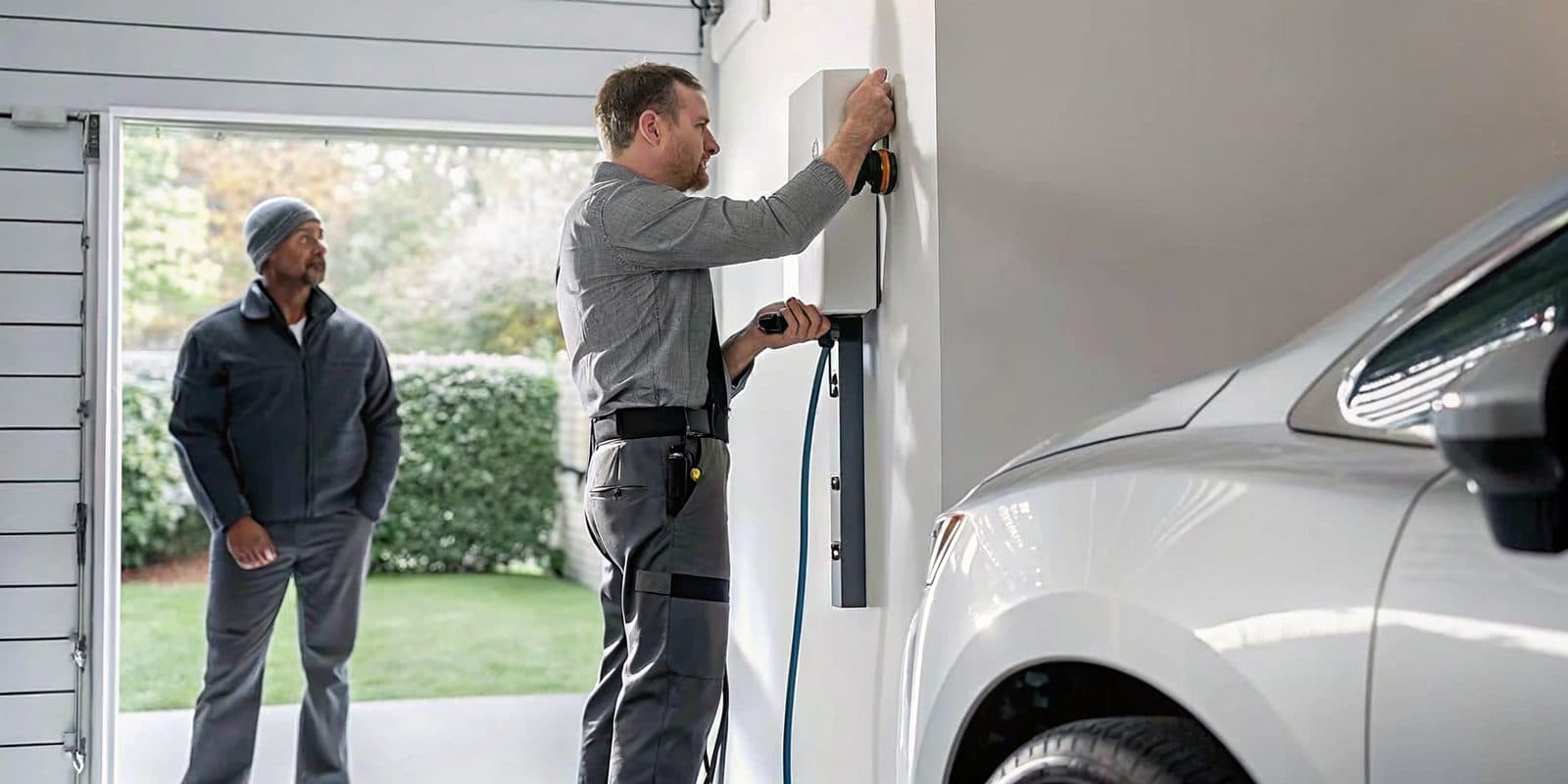 Mend electrician installing a Level 2 EV charger in a bright Austin-area garage