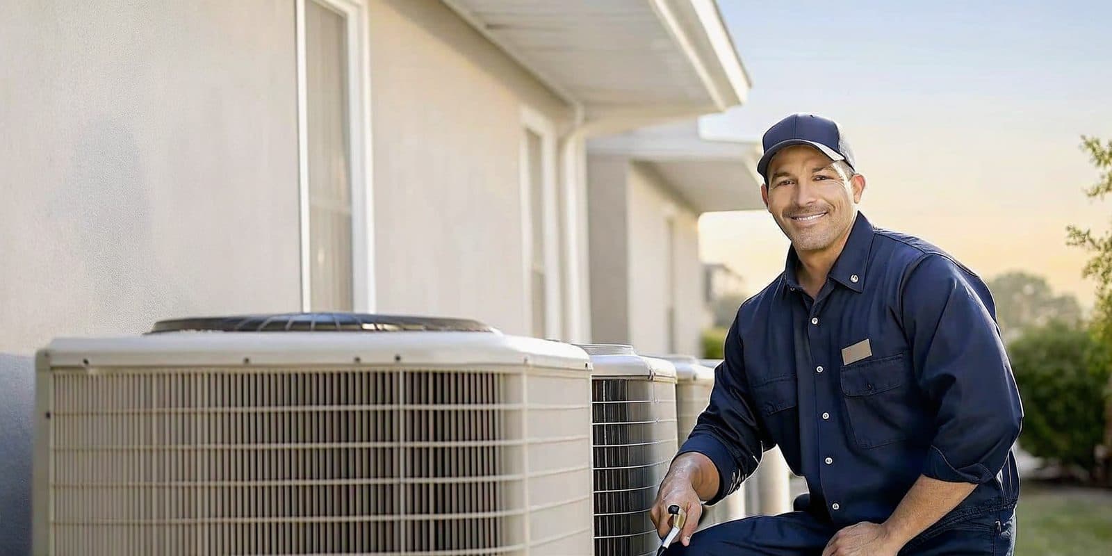 Mend Services technician servicing a home air-conditioning condenser under a bright blue sky
