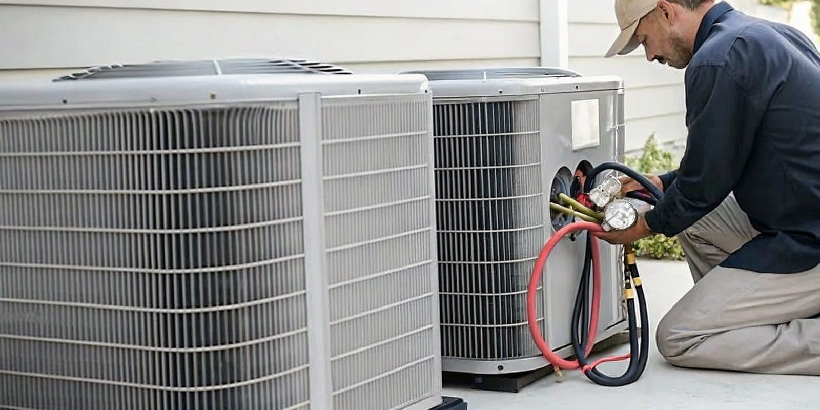 Mend HVAC technician checking refrigerant gauges while servicing an air-conditioning system